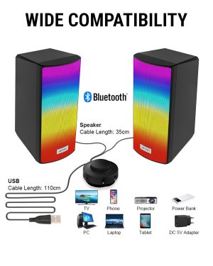 Ant Esports GS510 Multimedia 2.0 Channel USB Powered Bluetooth RGB Gaming Speakers with Control pod for Volume, RGB and Memory Card Slot -Perfect Computer Speakers for Desktop, PC, Laptop,Mobile-Black