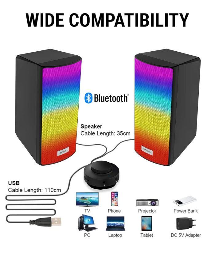 Ant Esports GS510 Multimedia 2.0 Channel USB Powered Bluetooth RGB Gaming Speakers with Control pod for Volume, RGB and Memory Card Slot -Perfect Computer Speakers for Desktop, PC, Laptop,Mobile-Black