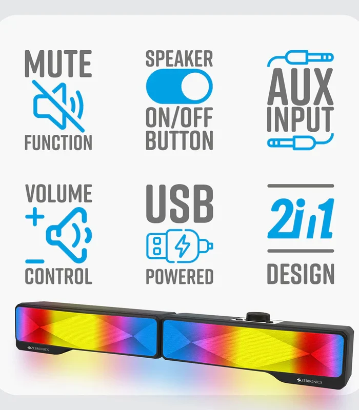 Zebronics Wonderbar 20 PC/Laptop Speaker (2.0), RGB, 3.5mm jack